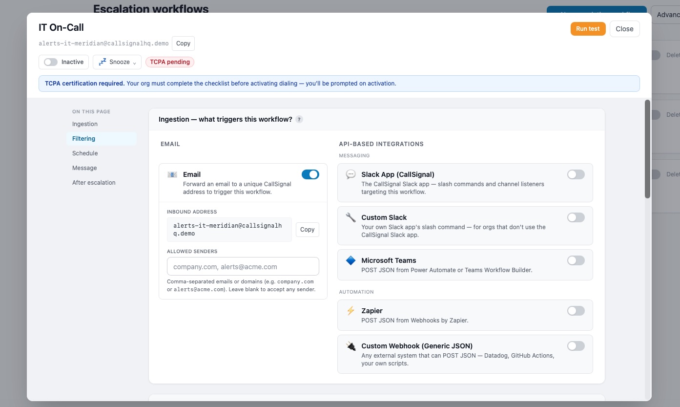 Escalate trigger configuration — email, webhook, and integration rules